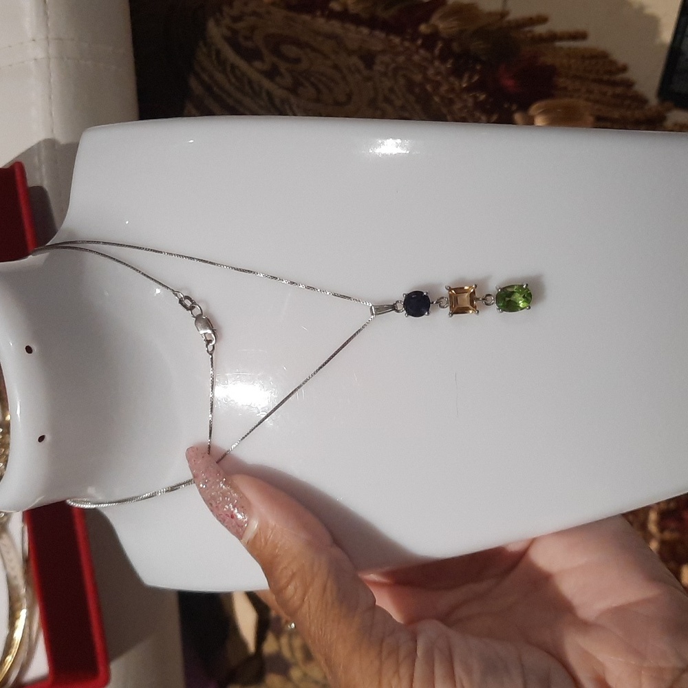 Genuine Gemstone TRINITY Pendant  Chain Peridot Citrine Amethyst Sterling Silver